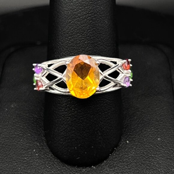 Citrine, Garnest, Amethyst and Emerald Ring Sterling Silver Ring Size 7 Stamped - Picture 7 of 9